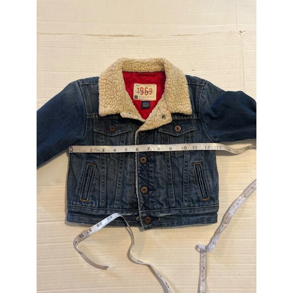Gap Toddler Moto Club Denim Jacket Sherpa Collar Red Quilted Lining 18-24 Months - Picture 8 of 10